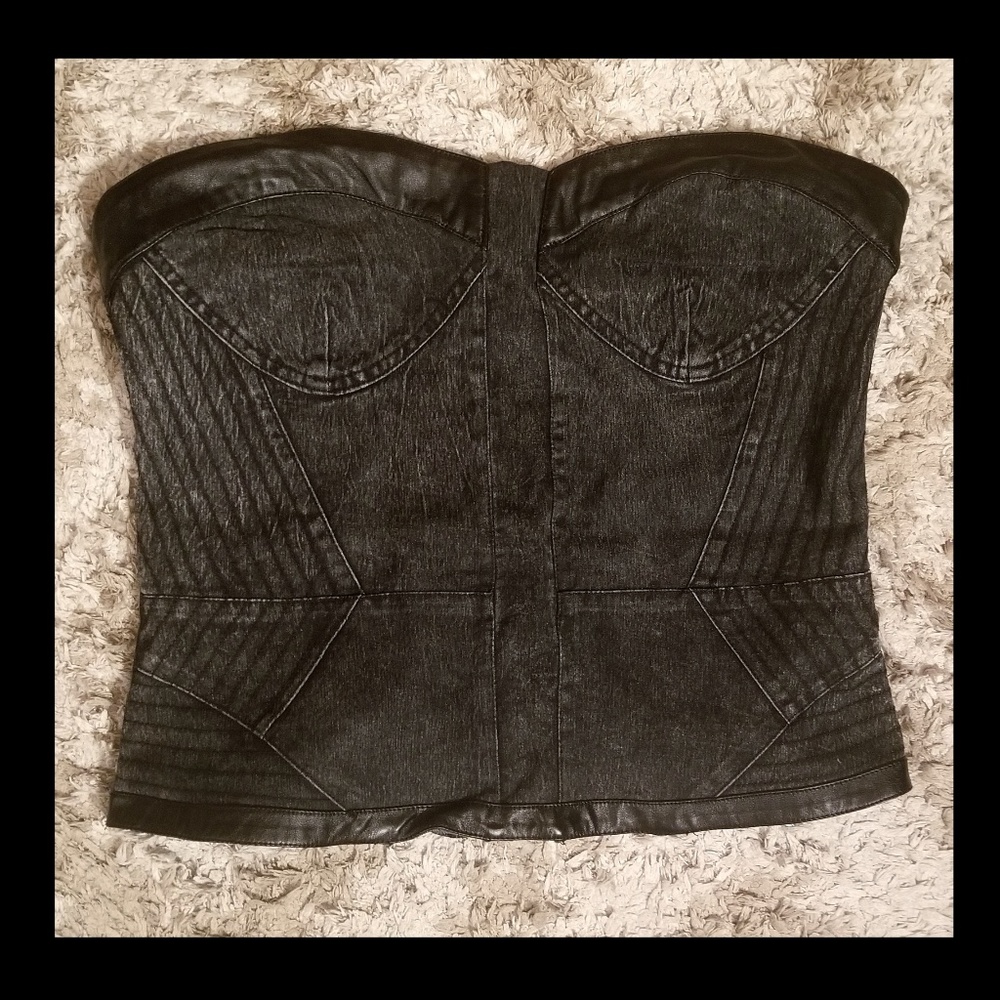 Strapless faux denim and leather moto top